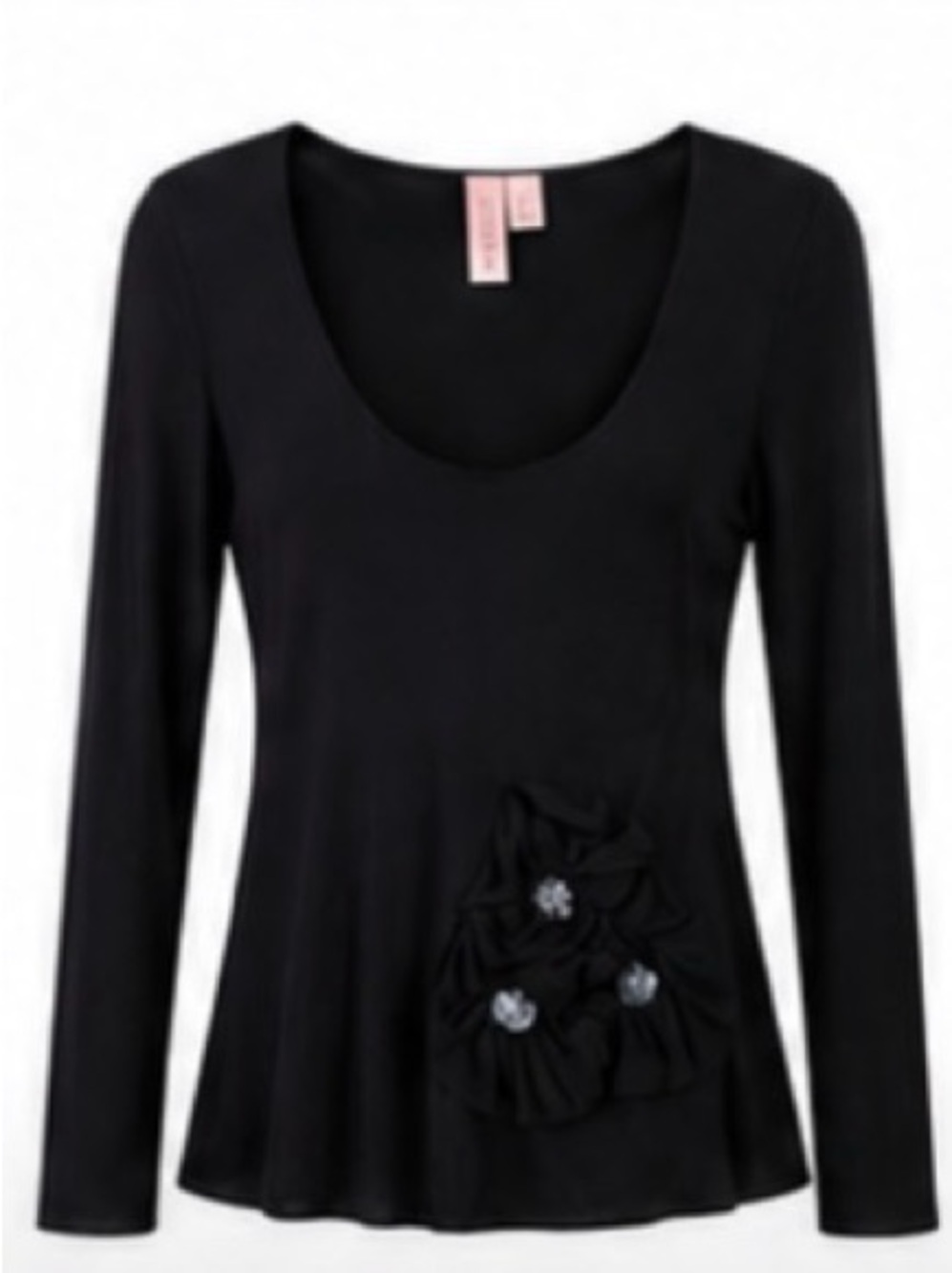 Sweet Pea by Stacy Frati Black Long-Sleeve Scoop Neck Top with Floral Rosettes